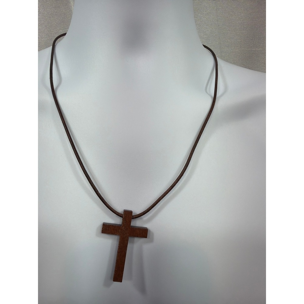 Mens Brown Wood Cross Pendant Necklace Rustic Religious Cord Jewelry 22 Inch